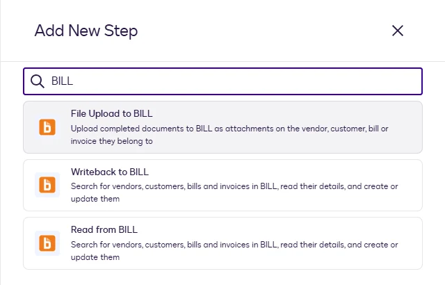 The Add New Step dialog searched for BILL: File Upload to BILL, Writeback to BILL, and Read from BILL.