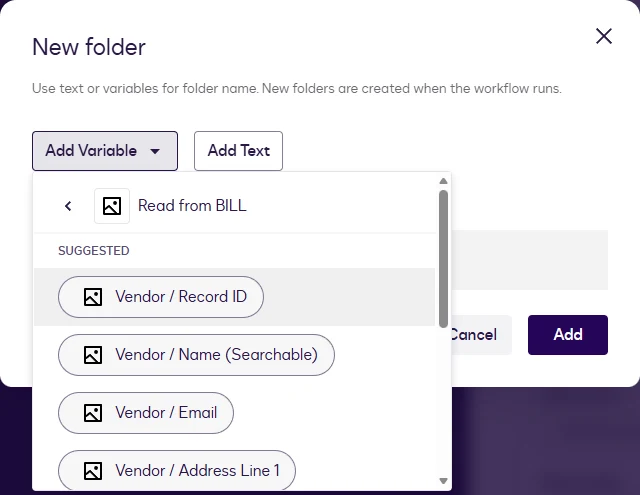 The variable picker on Read from BILL with Vendor / Record ID highlighted.