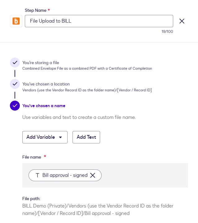 The file name Bill approval - signed and the resulting file path.