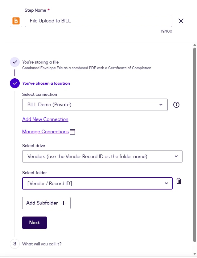 The location: the BILL connection, the Vendors drive and the Vendor / Record ID folder.