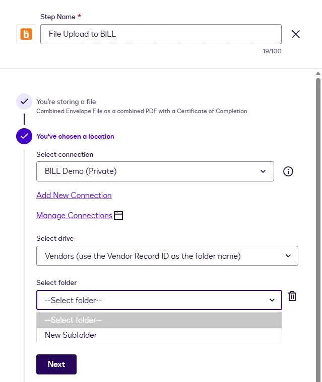 The Select folder list open with New Subfolder.