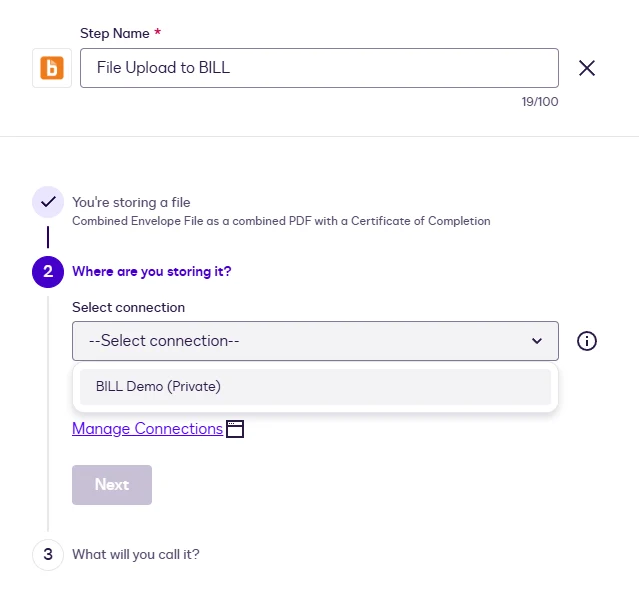 The File Upload connection list with the BILL connection.