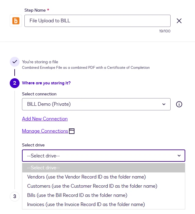 The Select drive list: Vendors, Customers, Bills, Invoices, each naming the Record ID to use as the folder.