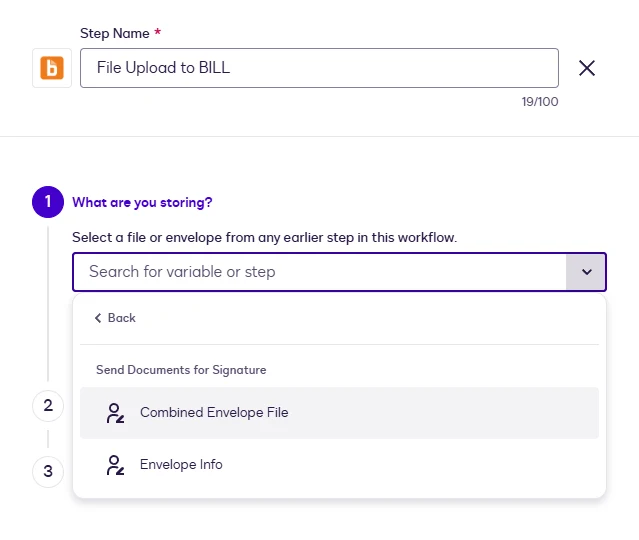 The file picker showing Combined Envelope File and Envelope Info under Send Documents for Signature.