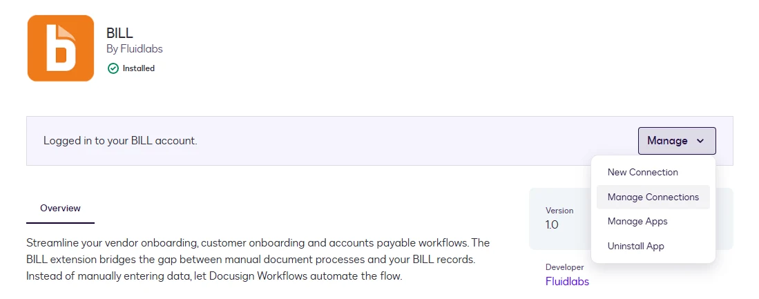 The Manage menu on the BILL app page with Manage Connections highlighted.
