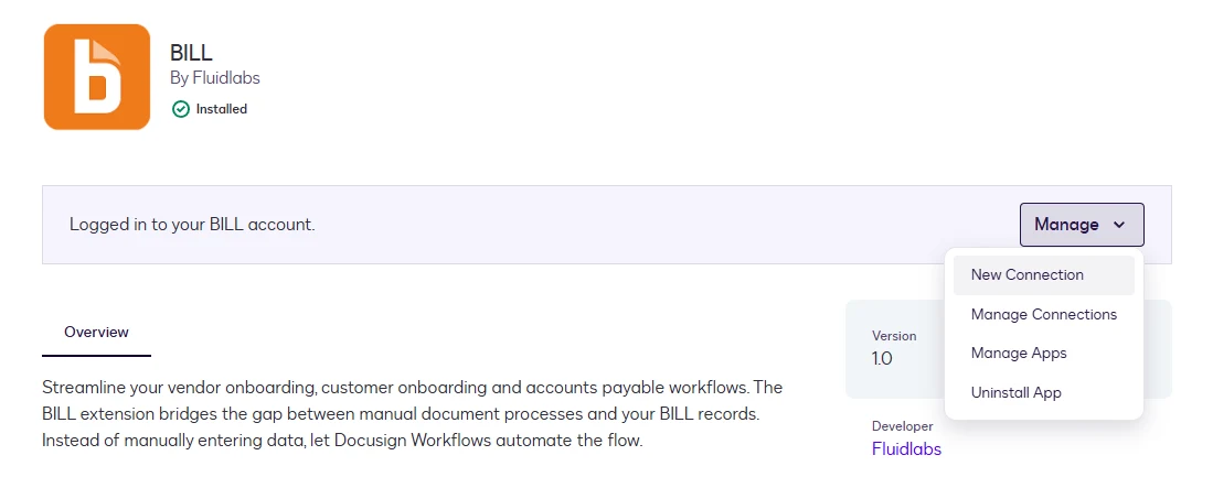 The BILL app page's Manage menu with New Connection highlighted.