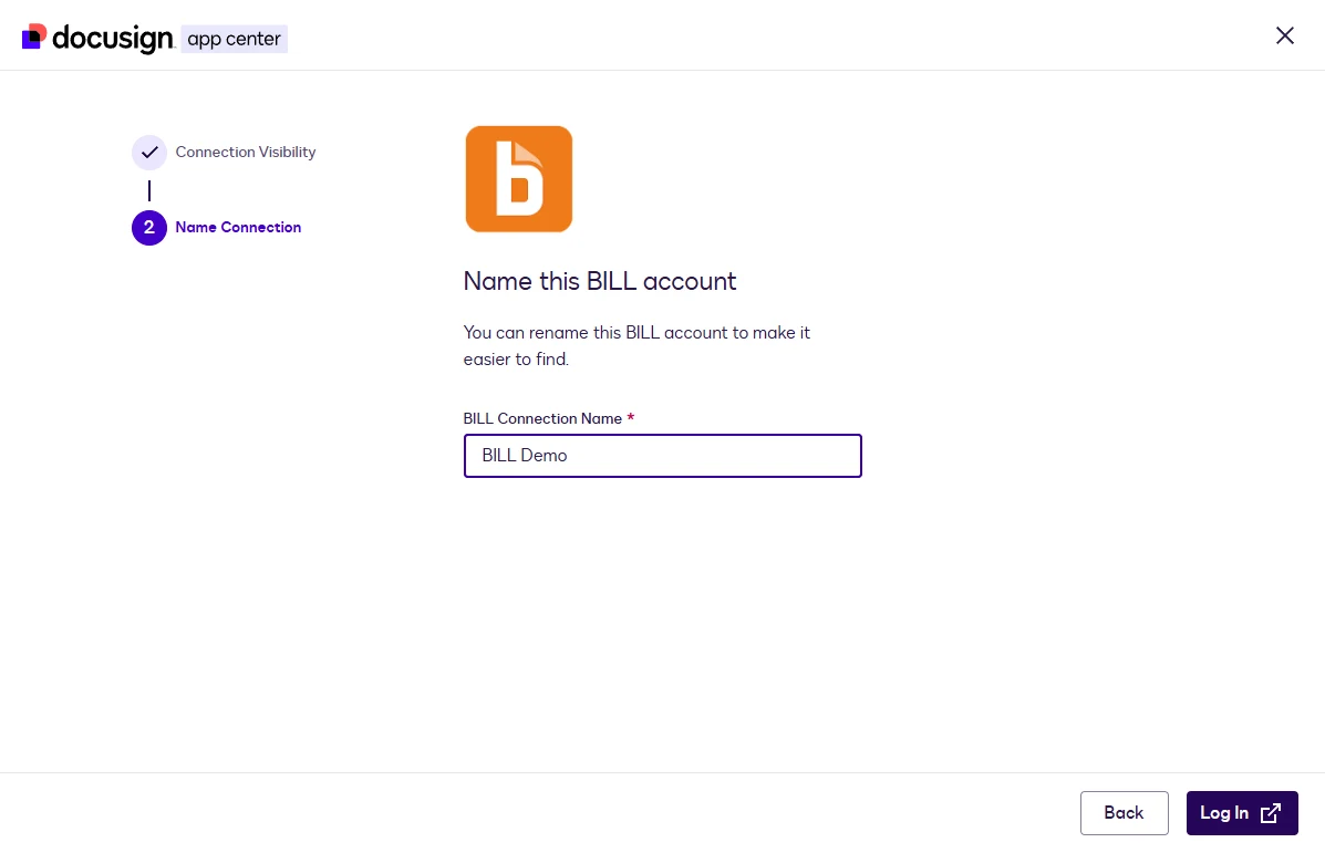 The Name Connection step with the name BILL Demo entered and the Log In button.