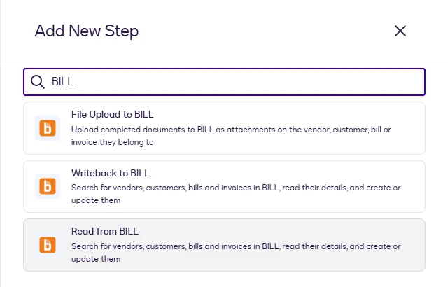 The Add New Step dialog searched for BILL with Read from BILL highlighted.