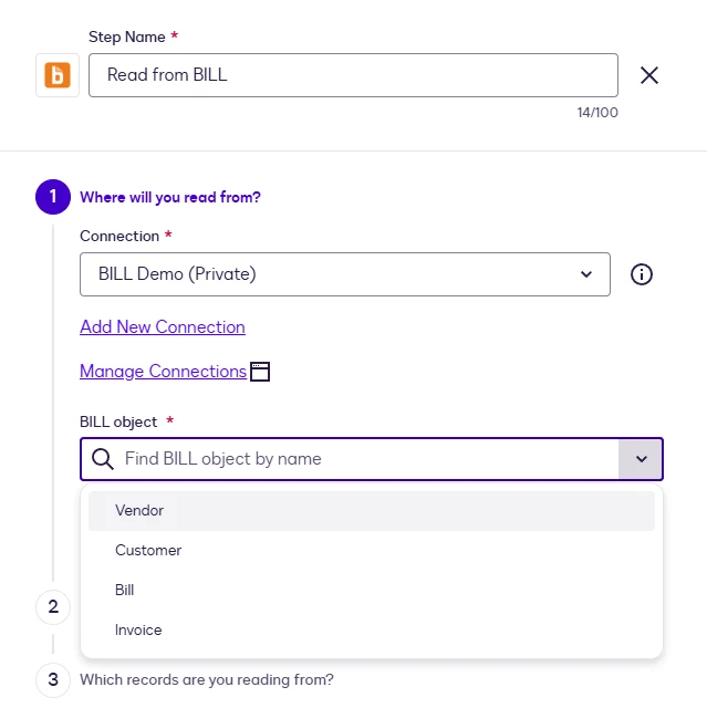 The BILL object list: Vendor, Customer, Bill, Invoice.