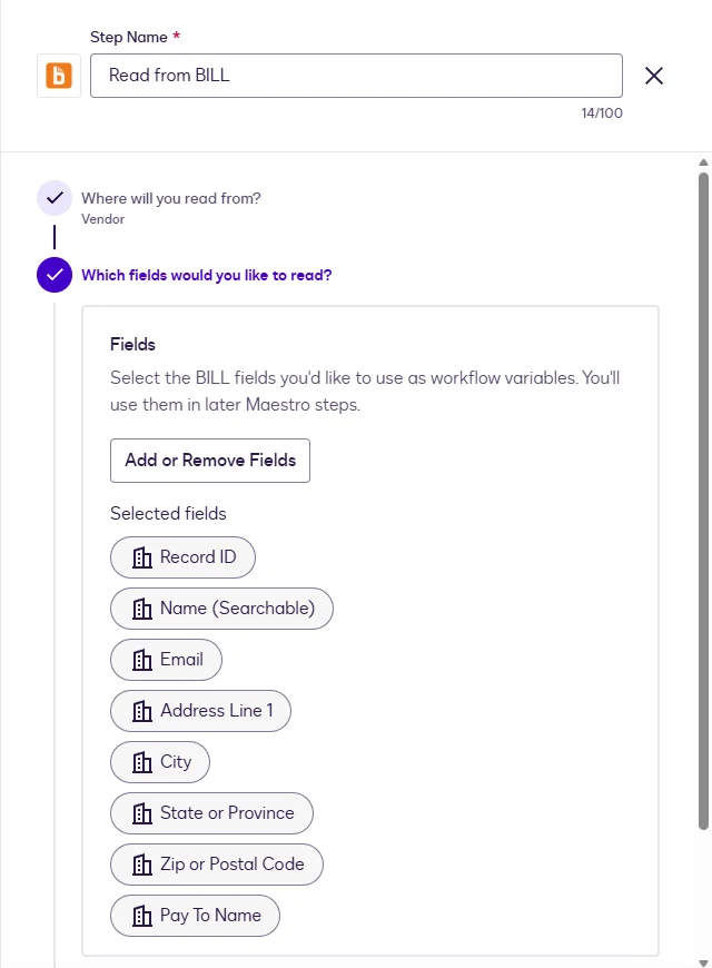 The Fields step with eight selected Vendor fields.
