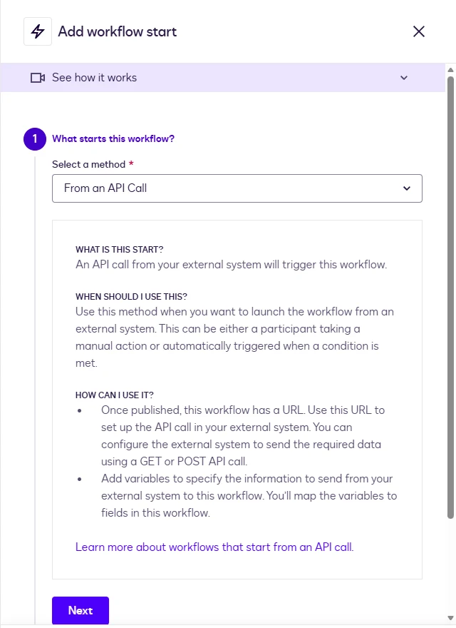 The Add workflow start panel with From an API Call selected.