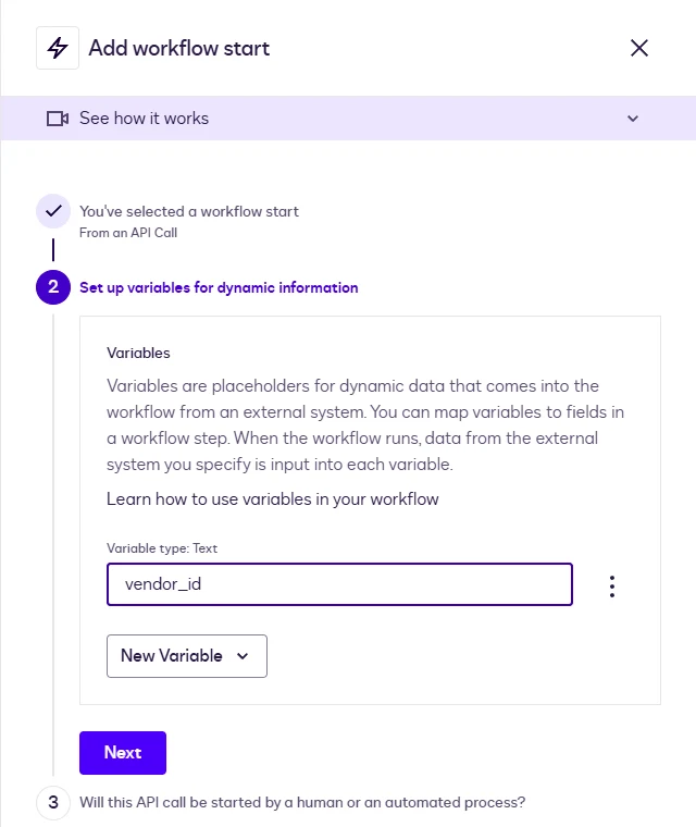 The variables step with a Text variable named vendor_id.