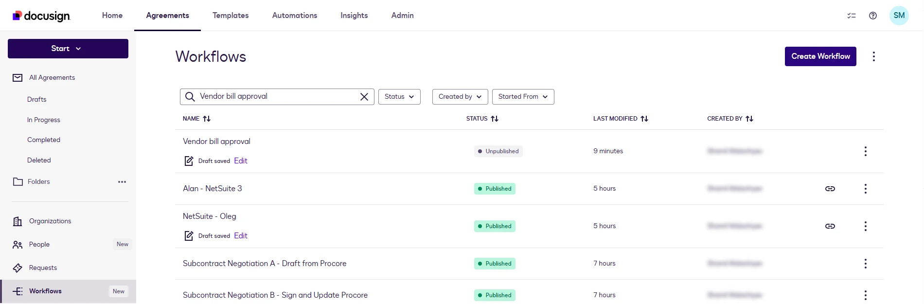 The Docusign Workflows screen with the Create Workflow button.
