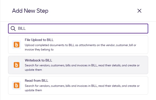 The Add New Step dialog with Writeback to BILL highlighted.
