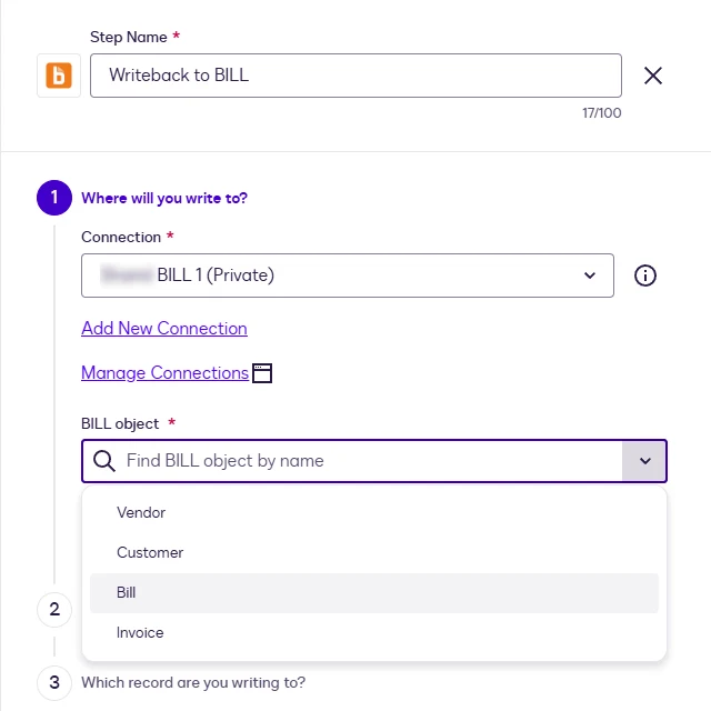 The BILL object list for the Writeback step: Vendor, Customer, Bill, Invoice.