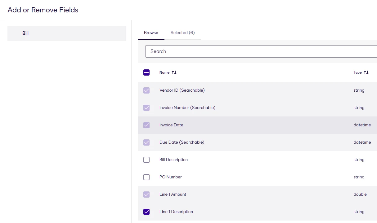 The Bill field browser: the required fields pre-selected, with Bill Description, PO Number, Line 1 Amount and Line 1 Description.