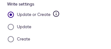 Write settings: Update or Create, Update, Create, with Create selected.