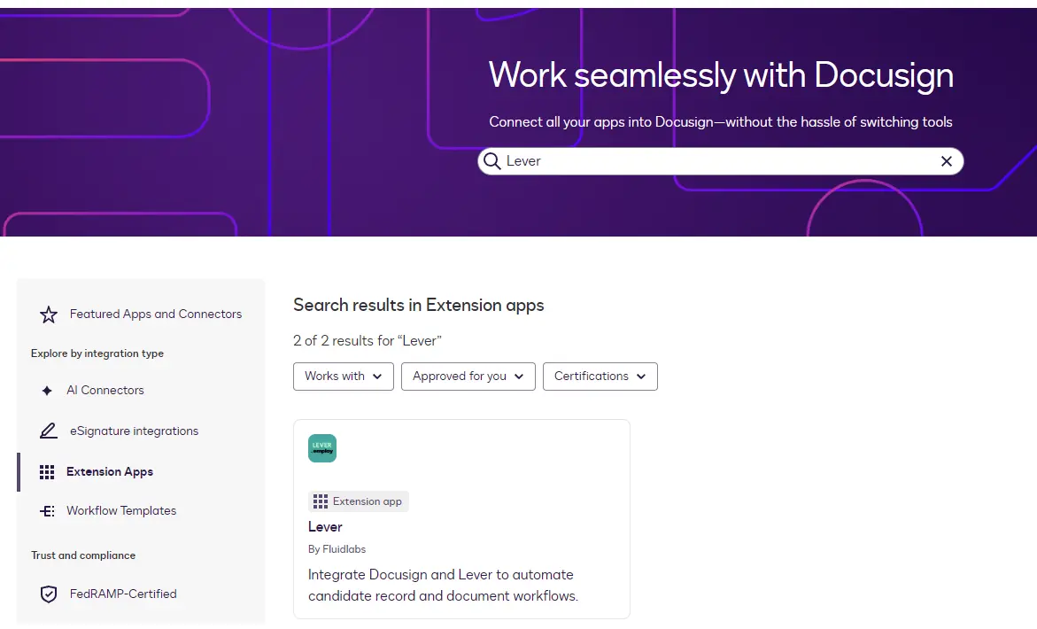 Docusign App Center search results showing the Lever extension app by Fluidlabs.