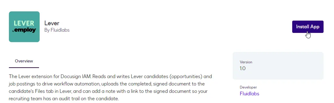 The Lever app page in the Docusign App Center with the Install App button.