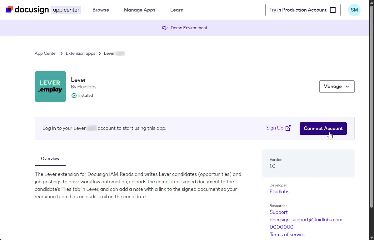 The installed Lever app page showing the Connect Account button.