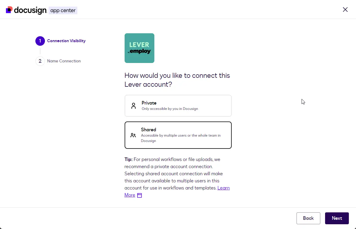 The Connection Visibility step with Private and Shared options; Shared is selected.
