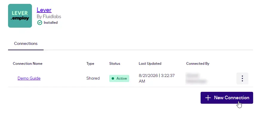 The Lever connections list showing one shared connection with an Active status and the New Connection button.