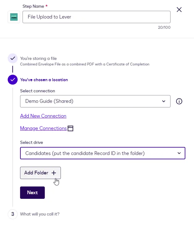 The File Upload step with the Candidates drive selected and the Add Folder button.
