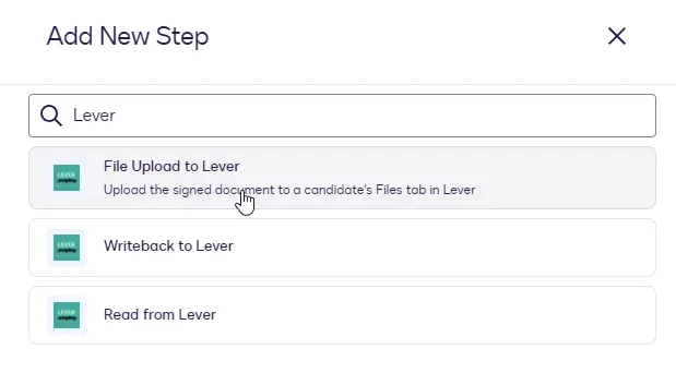 The Add New Step dialog with File Upload to Lever highlighted.