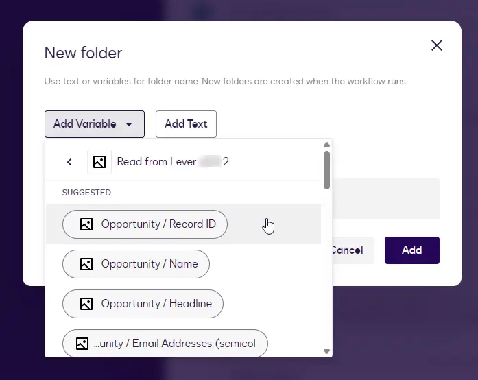 The variable picker showing the Read from Lever step with Record ID under Suggested.