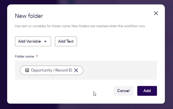 The New folder dialog with a Record ID variable in the Folder name field and the Add button.