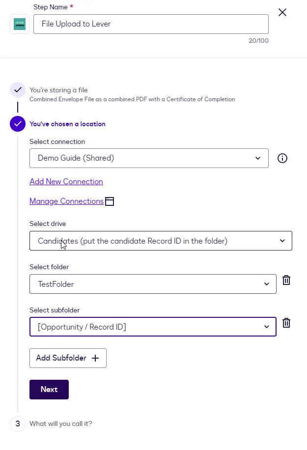 The File Upload location with the text TestFolder as the folder and a Record ID variable as the subfolder.