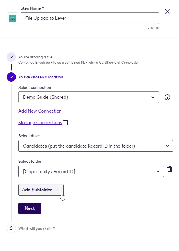 The File Upload location with connection, Candidates drive, and a Record ID variable as the folder.