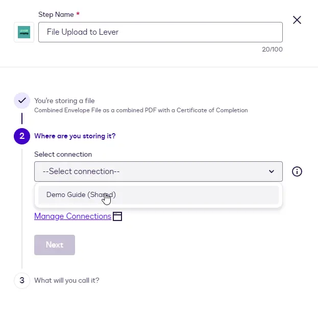 The File Upload connection dropdown showing the Lever connection.