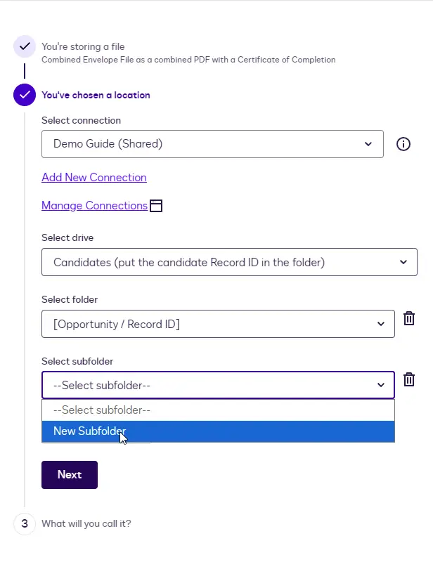 The Select subfolder dropdown open with the New Subfolder option.