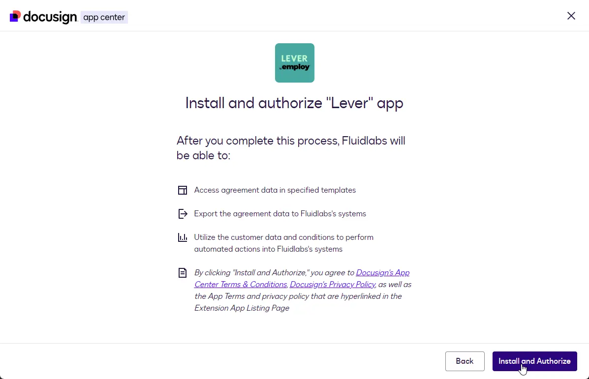 The Install and authorize Lever app screen listing the requested access, with the Install and Authorize button.