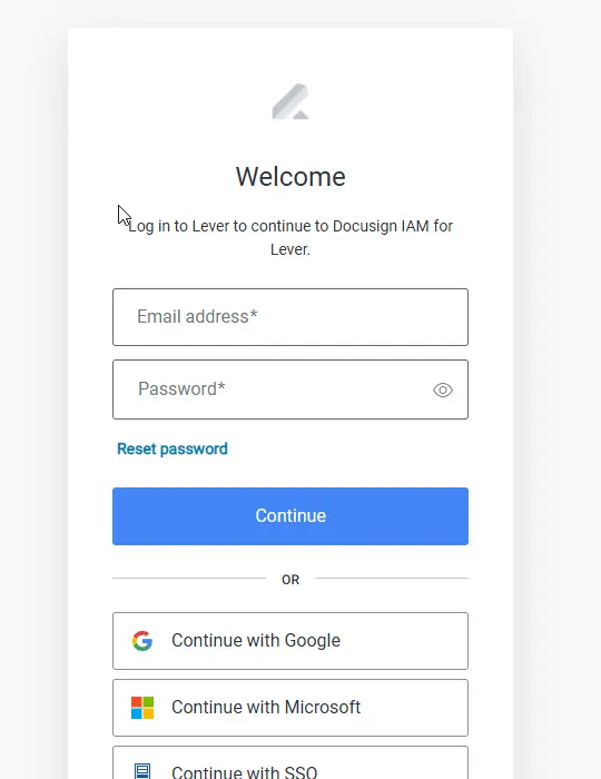 The Lever sign-in page with email and password fields and options to continue with Google, Microsoft, or SSO.
