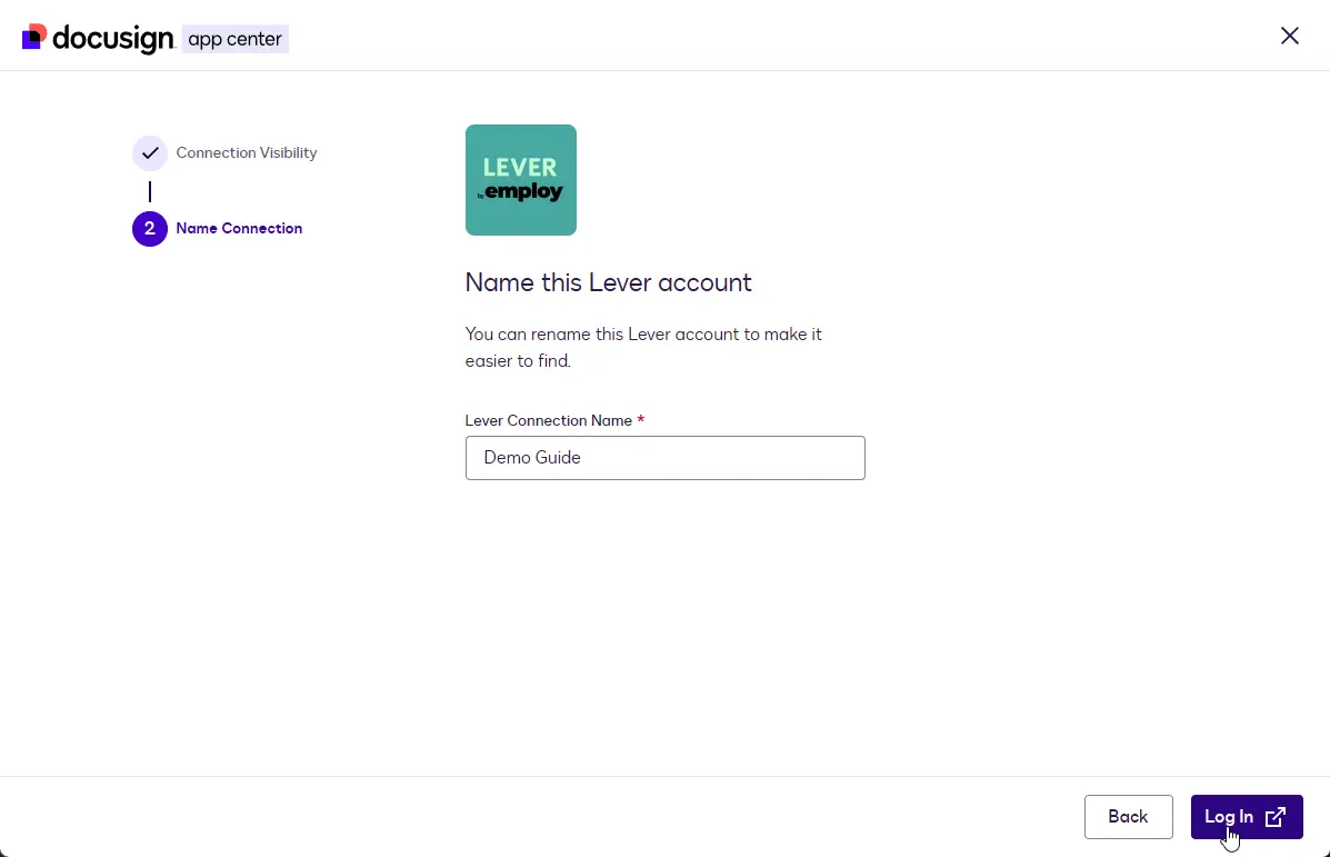 The Name Connection step with the name Demo Guide entered.
