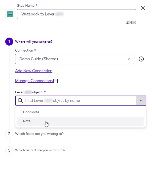 The Lever object dropdown with Note selected.
