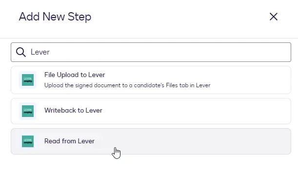 The Add New Step dialog with Read from Lever highlighted.