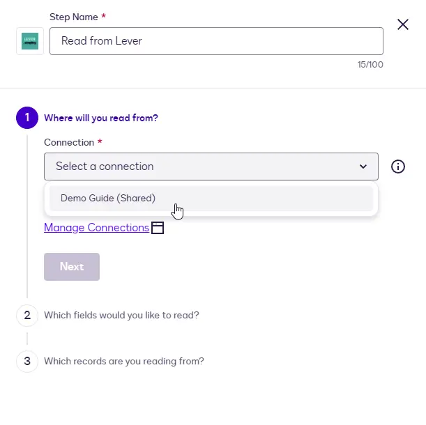The Read step Connection dropdown showing the Lever connection.