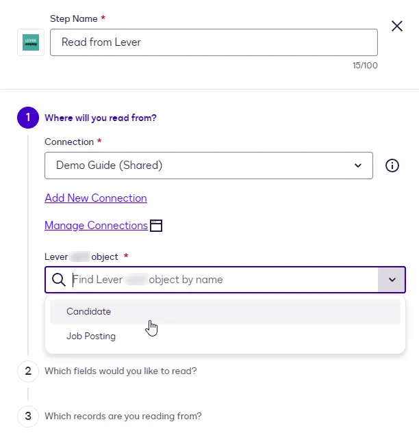 The Lever object dropdown showing Candidate and Job Posting.
