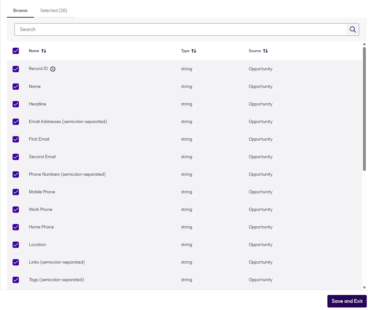 The field browser listing Candidate fields with checkboxes.