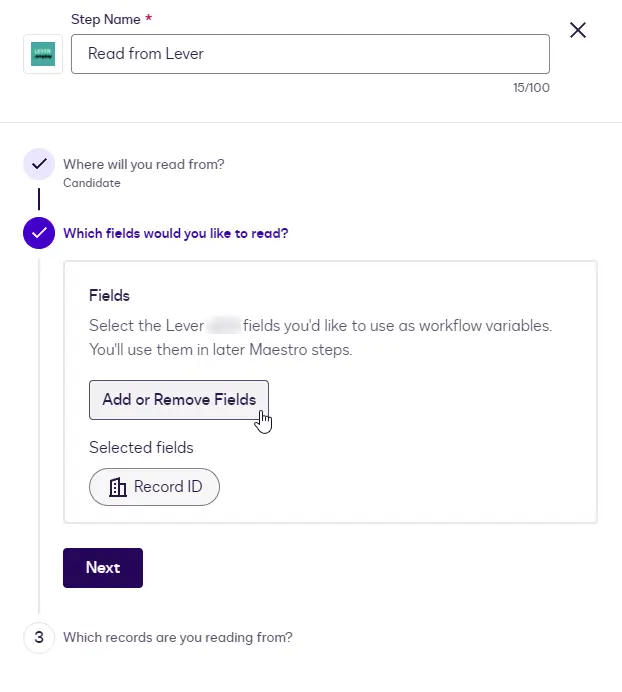 The Fields step with the Add or Remove Fields button and one selected field.