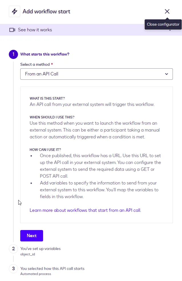 The Add workflow start panel with From an API Call selected as the method.