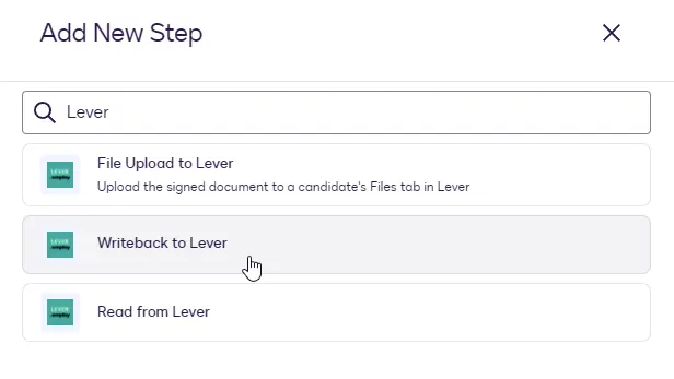 The Add New Step dialog with Writeback to Lever highlighted.