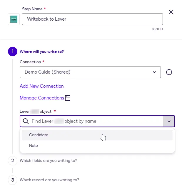 The Lever object dropdown for the Writeback step showing Candidate and Note.