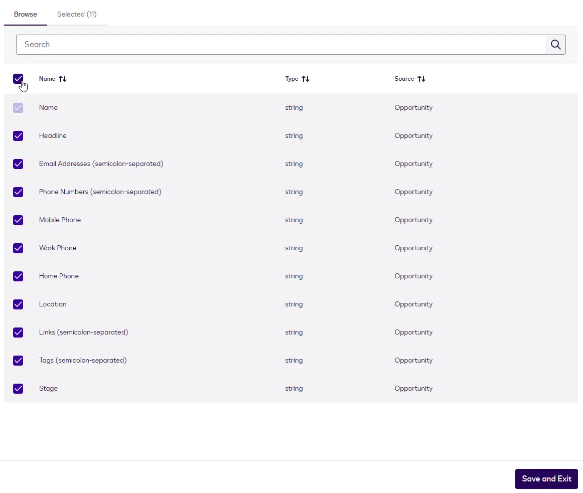 The field browser listing the eleven writable Candidate fields with checkboxes.