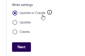 The Write settings options: Update or Create, Update, and Create.
