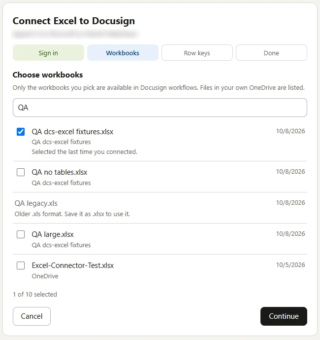 The Choose workbooks step listing the workbooks of the OneDrive with their folders.