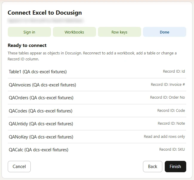 The Ready to connect step listing each table with its Record ID column.
